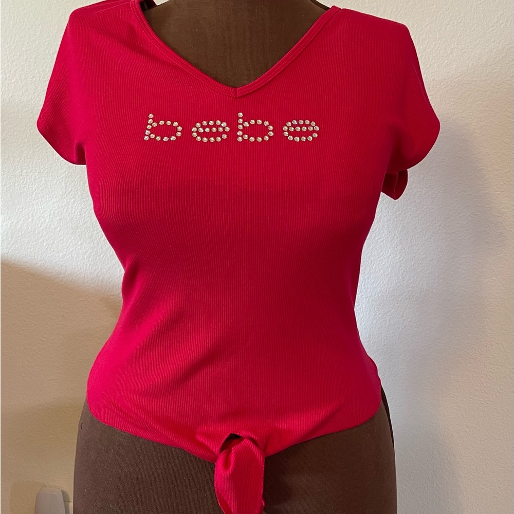 bebe Bright Red Knot-Front Top with Rhinestone Logo